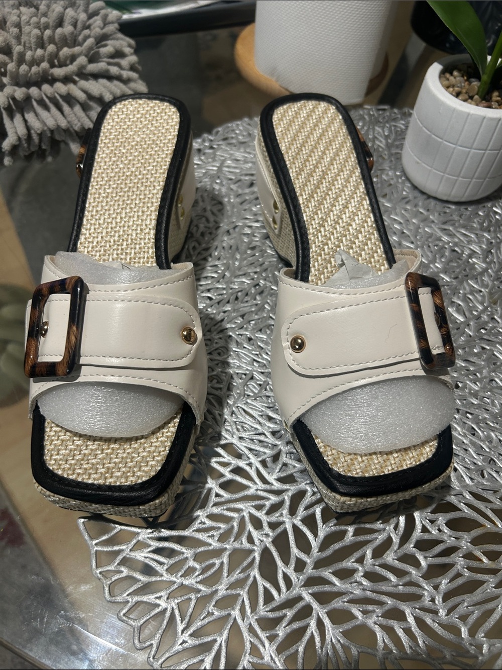 Women’s White Slide Sandals with Buckle Accent